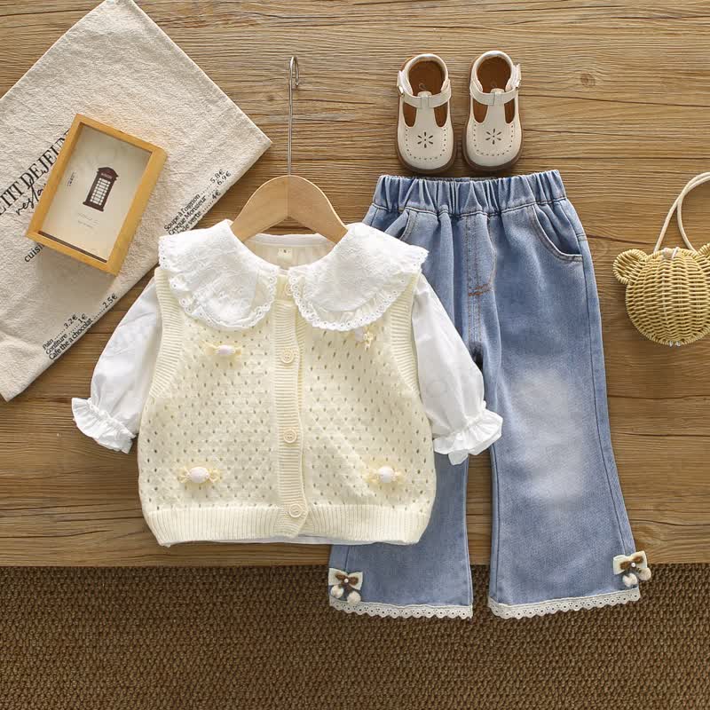 Toddler Baby Girl Lace Collar Knit Vest and Denim 3-piece Set - Beige - 4-5T - image 2
