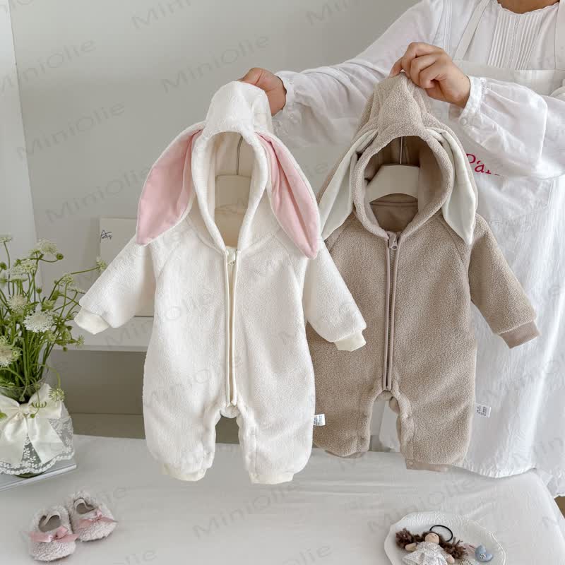 Baby Sherpa Bunny Ear Hooded Zip Front Romper - image 1