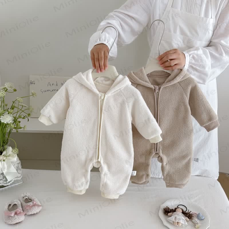 Baby Sherpa Bunny Ear Hooded Zip Front Romper - image 2