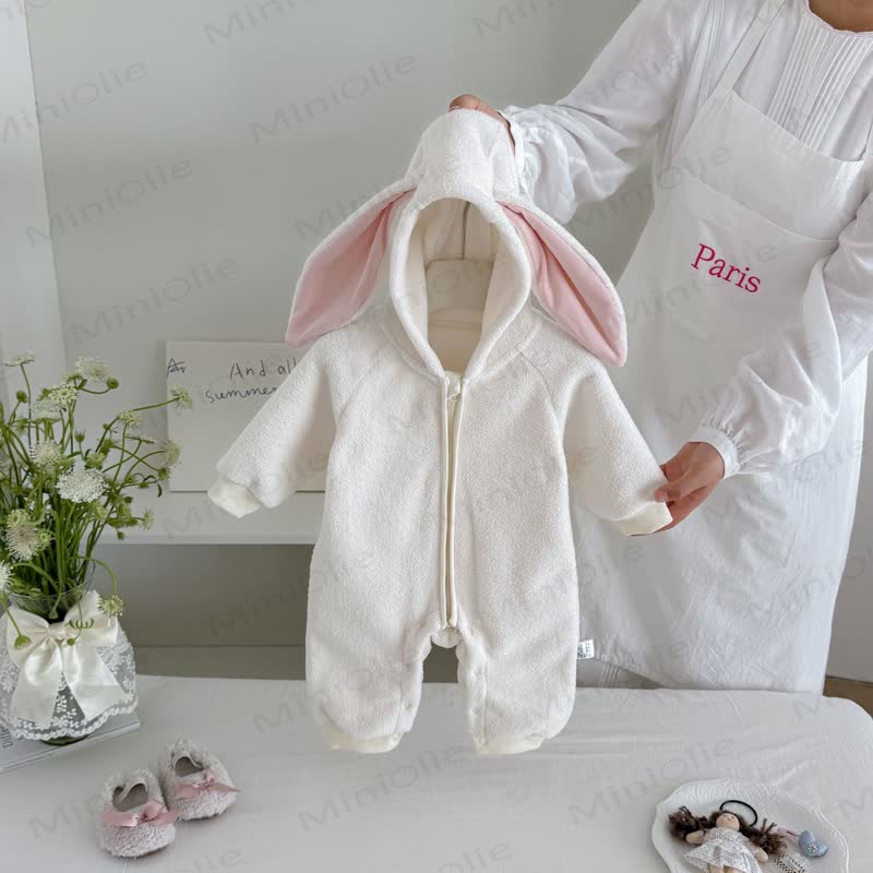 Baby Sherpa Bunny Ear Hooded Zip Front Romper - image 4