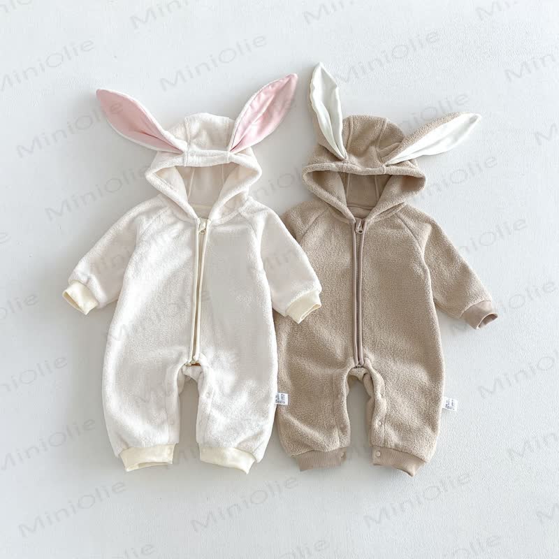 Baby Sherpa Bunny Ear Hooded Zip Front Romper - image 6