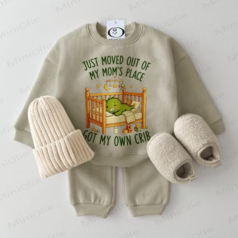 JUST MOVED OUT OF MY MOM'S PLACE GOT MY OWN CRIB Baby Grey Green Sweatshirt 2-piece Set - Grey Green - 2-3T - image 1