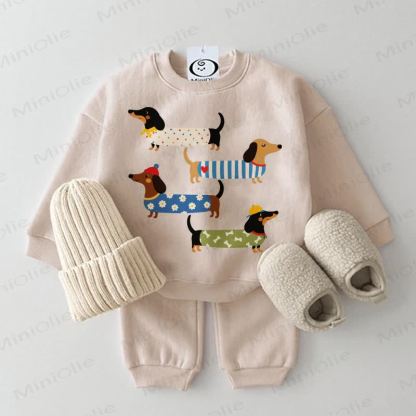 Baby Daschund Print Beige Sweatshirt 2-piece Set - Beige - 2-3T - image 1