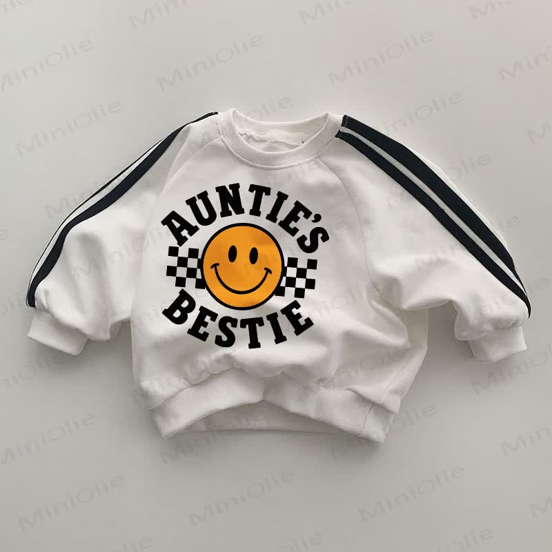 AUNTIE'S BESTIE Baby Smiley Face Black Striped Sleeve White Sweatshirt - White - 2-3T - image 1