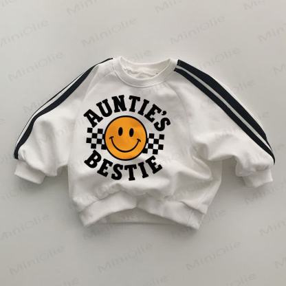 AUNTIE'S BESTIE Baby Smiley Face Black Striped Sleeve White Sweatshirt - White - 2-3T - image 1