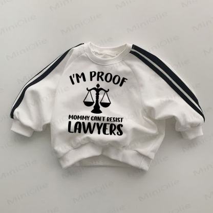 I'M PROOF MOMMY CANT RESIST LAWYERS Baby Black Striped Sleeve White Sweatshirt - White - 2-3T - image 1