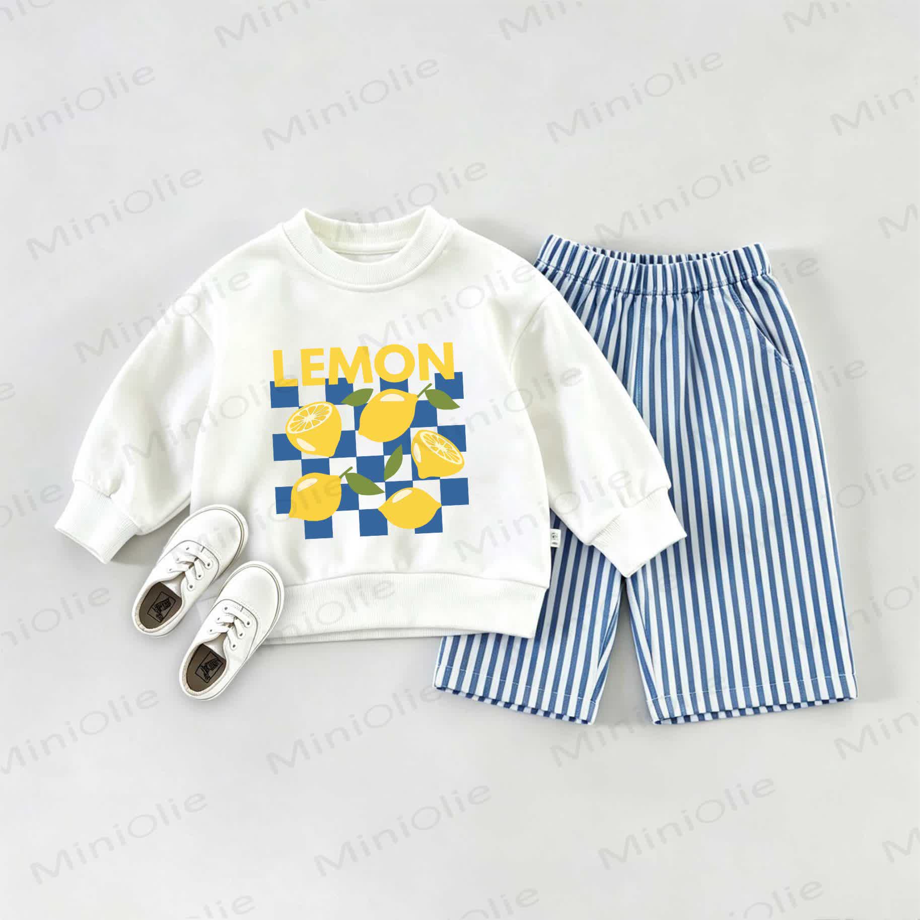  LEMON Baby Plaid Sweatshirt and Striped Pants 2-piece Set - White&Blue - 2-3T - image 1