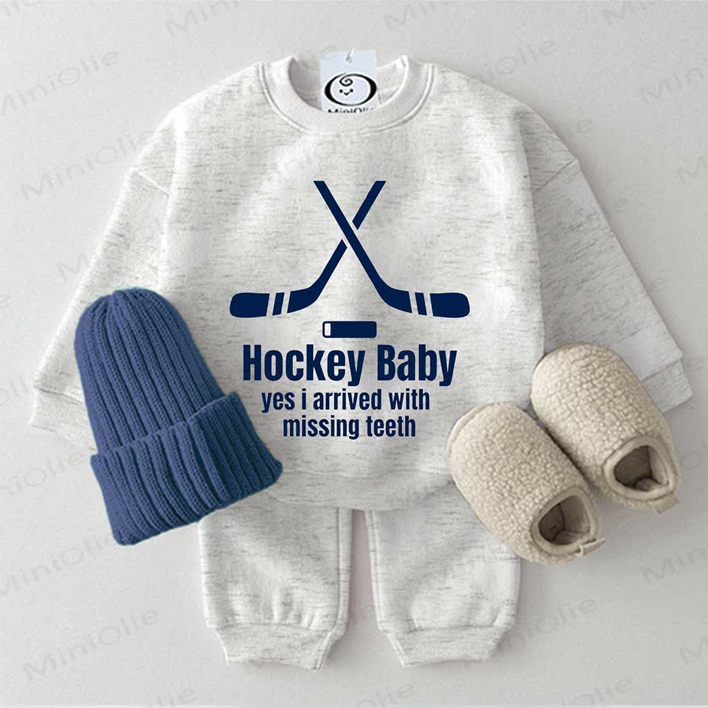 HOCKEY BABY YES I ARRIVED WITH MISSING TEETH Baby Light Grey Sweatshirt 2-piece Set - Light Grey - 2-3T - image 1