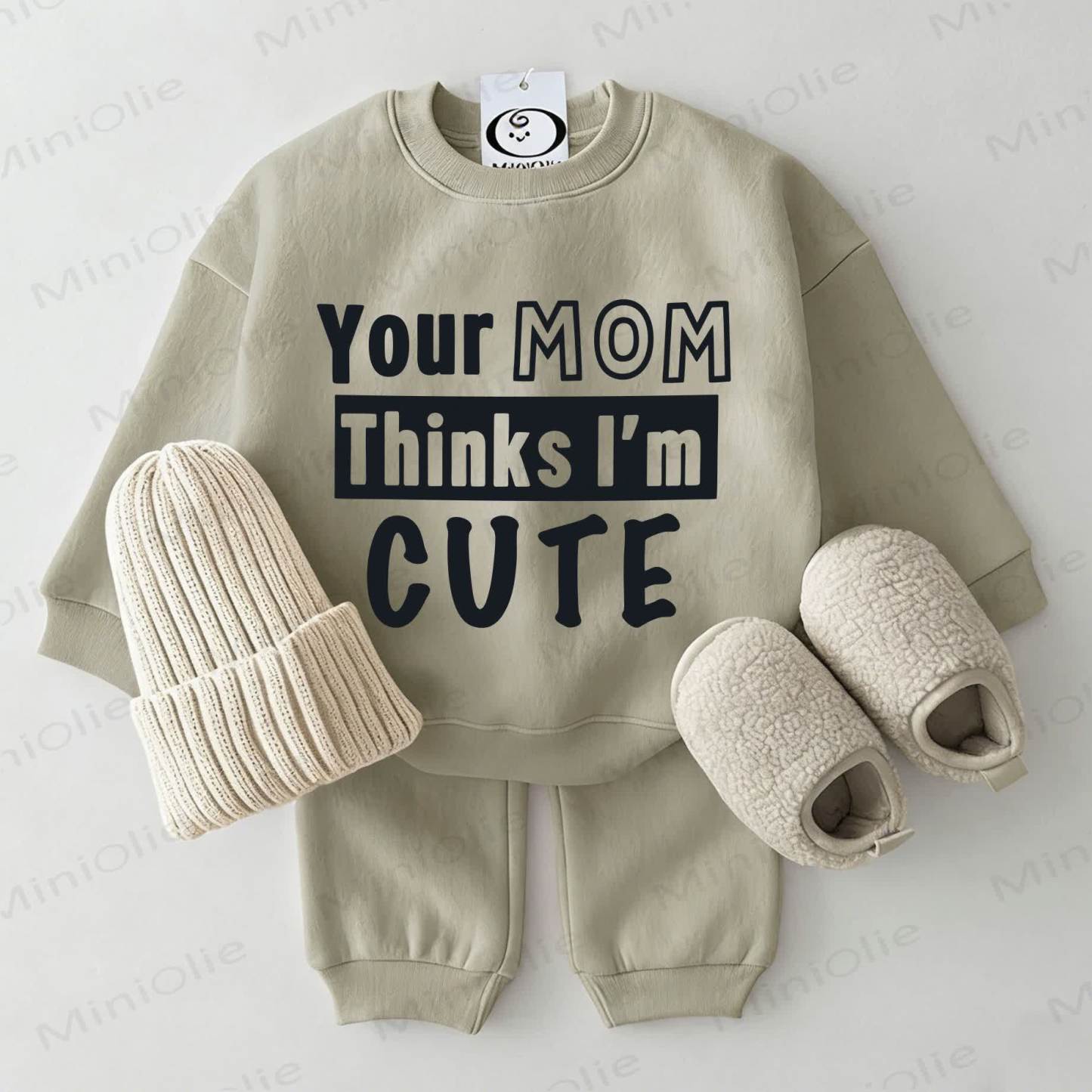 YOUR MOM THINKS I'M CUTE Baby Sweatshirt 2-piece Set - Grey Green - 2-3T - image 1
