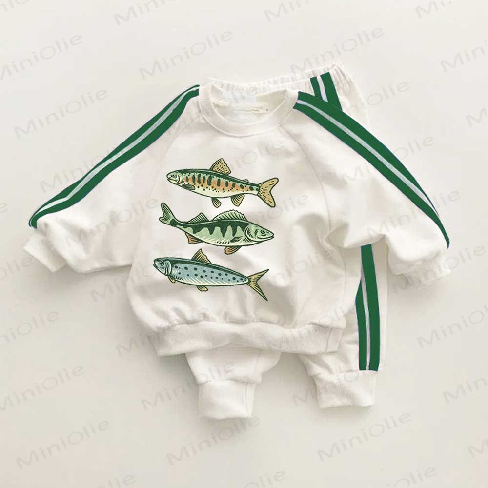 Baby Toddler Three Fishes Green Striped 2-piece Set - White&Green - 3-5T - image 1