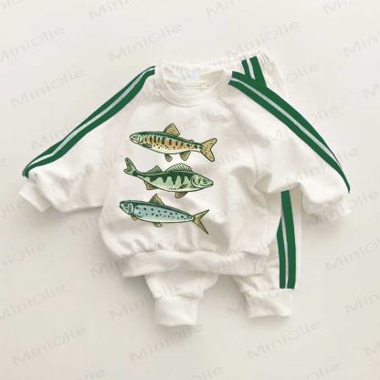 Baby Toddler Three Fishes Green Striped 2-piece Set - White&Green - 3-5T - image 1
