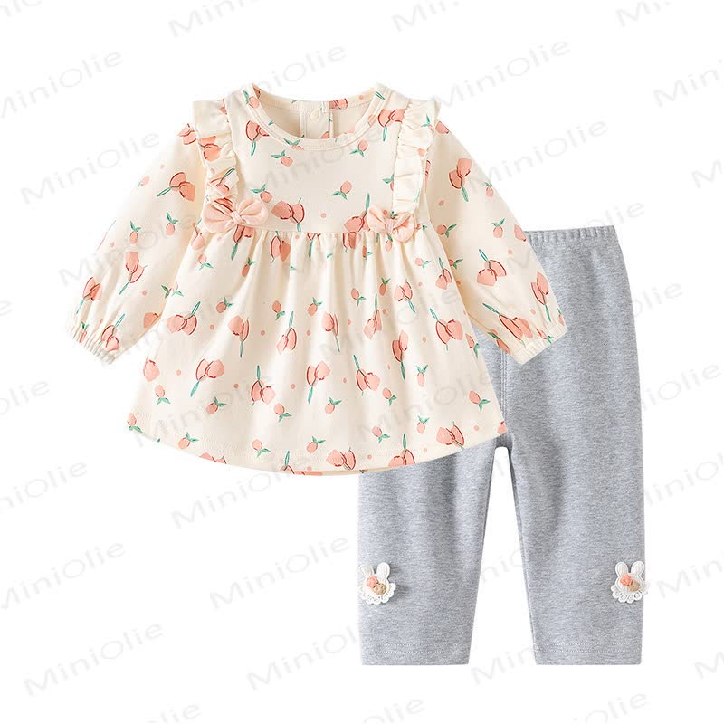 Baby Toddler Girl Apricot Flower Print Long Sleeve Top and Pants 2-piece Set - Apricot - 4.5-5T - image 1