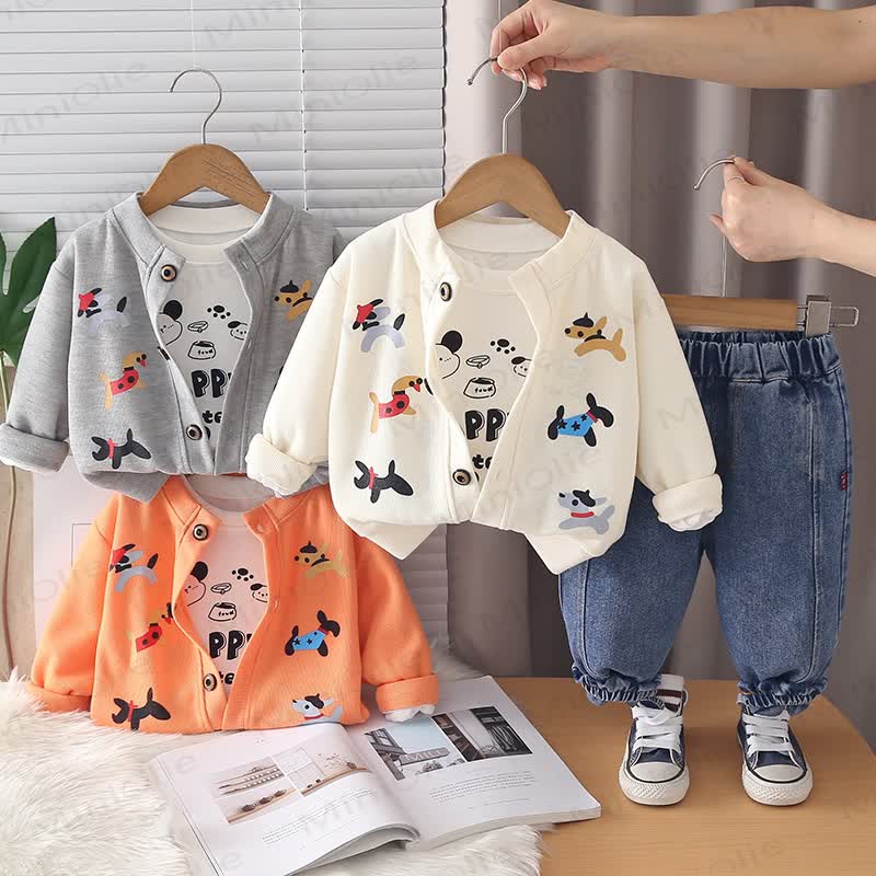 Baby Toddler Boy Puppy Cardigan and Denim 3-piece Set - image 1