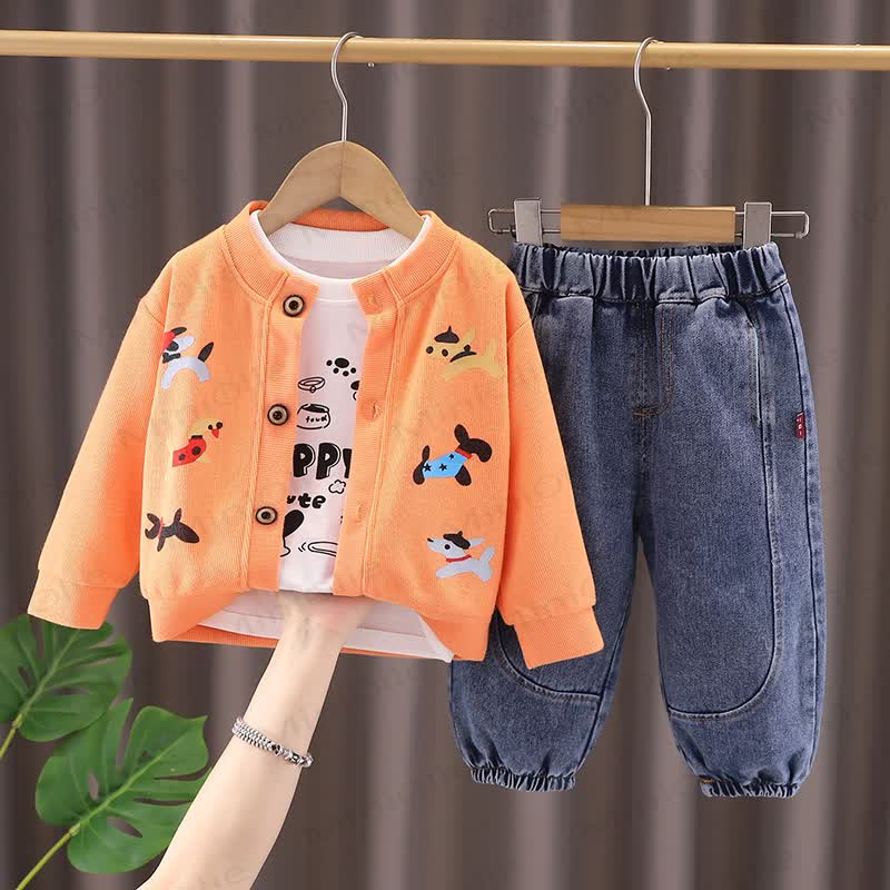 Baby Toddler Boy Puppy Cardigan and Denim 3-piece Set - Orange - 4-5T - image 2