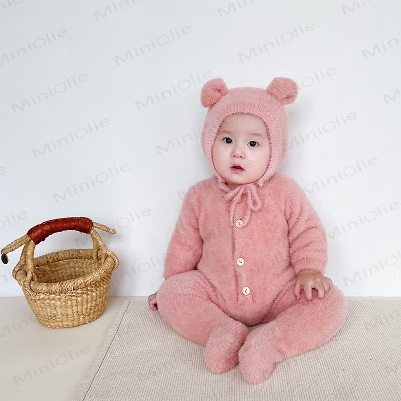 Baby Fleece Bear Ear Footed Romper with Hat - Pink - 2-3T - image 10