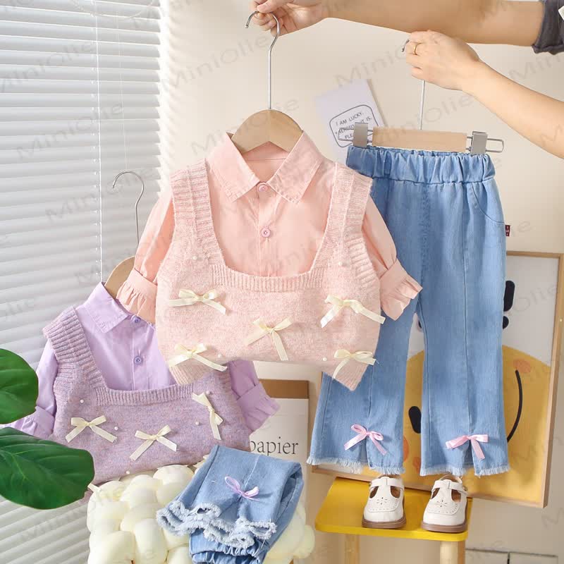 Baby Toddler Girl Bow Knit Top and Denim 3-piece Set - image 1