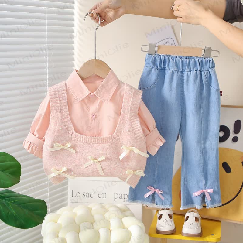 Baby Toddler Girl Bow Knit Top and Denim 3-piece Set - Pink - 4-5T - image 2