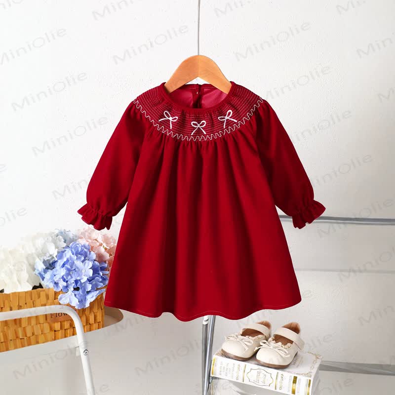 Baby Toddler Girl Red Bow Embroidery Dress - Red - 6-7T - image 1