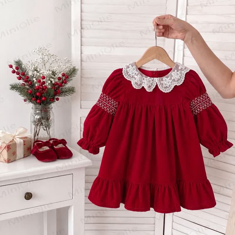 Baby Toddler Girl Red Velvet Lace Collar Christmas Dress - image 1