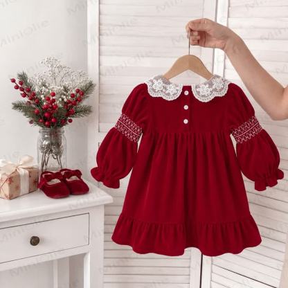 Baby Toddler Girl Red Velvet Lace Collar Christmas Dress - image 3