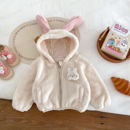Baby Toddler Girl Bunny Ear Sherpa Zip Jacket - Beige - 18-24M - image 3