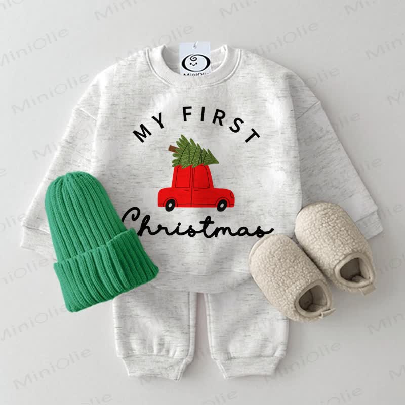 MY FIRST CHRISTMAS Baby Christmas Tree Car Print Sweatshirt 2-piece Set - Light Grey - 2-3T - image 4