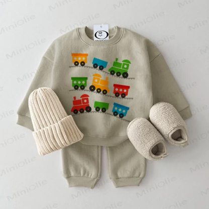 Baby Train Print Sweatshirt 2-piece Set - Grey Green - 2-3T - image 2