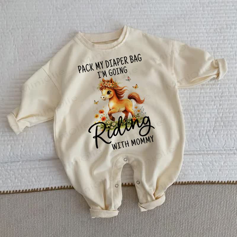 PACK MY DIAPER BAG I'M GOING RIDING WITH MOMMY Baby Toddler Horse Beige Romper - Beige - 2-3T - image 1