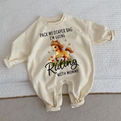 PACK MY DIAPER BAG I'M GOING RIDING WITH MOMMY Baby Toddler Horse Beige Romper - Beige - 2-3T - image 1