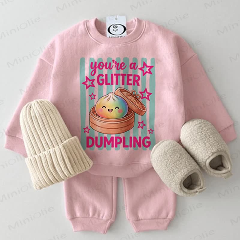 YOU'RE A GILTTER DUMPLING Baby Striped Food Print Sweatshirt 2-piece Pink Set - Pink - 2-3T - image 1