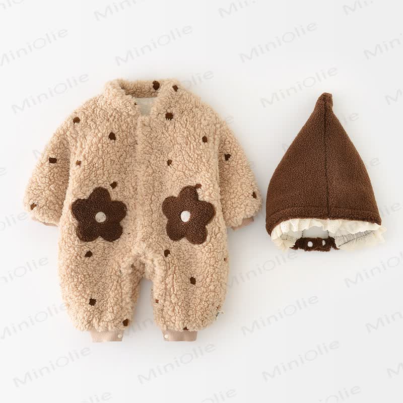 Baby Sherpa Flower Dot Romper with Hat - Beige - 18-24M - image 2