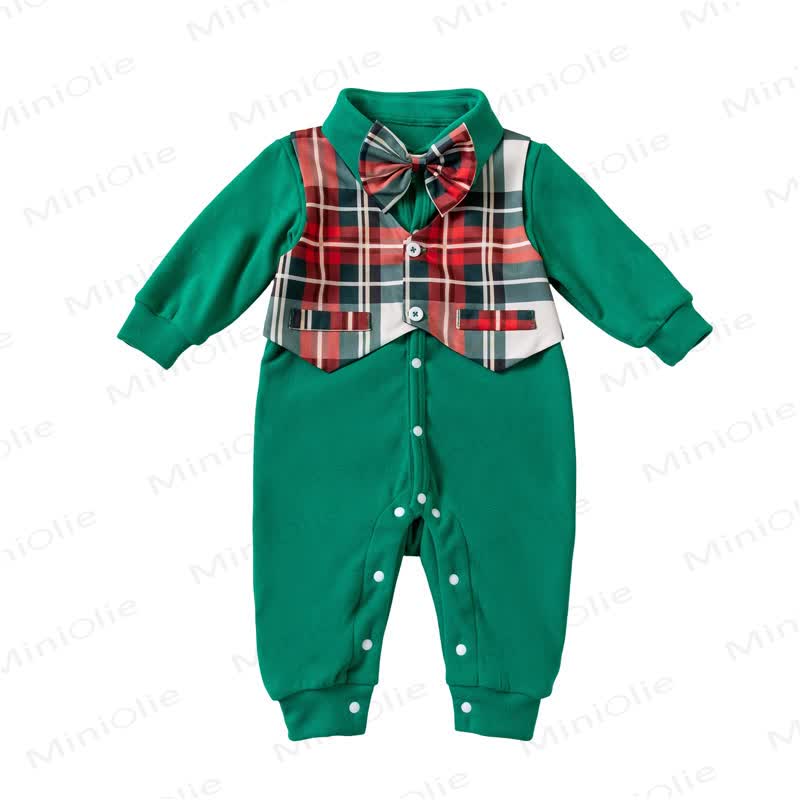 Baby Christmas Plaid Bow Tie Collared Romper - image 5