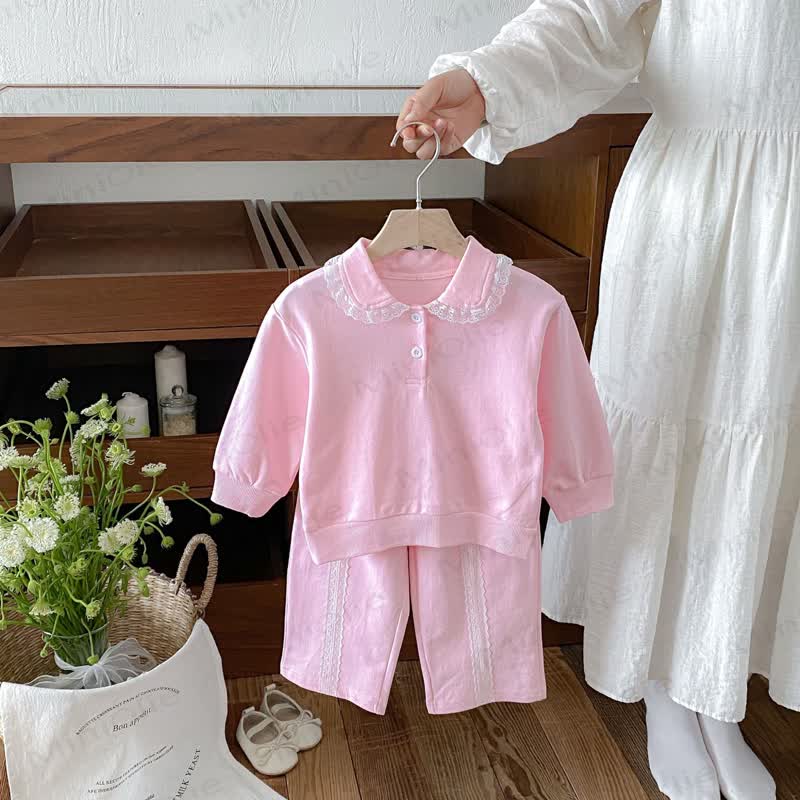 Baby Toddler Lace Collar Long Sleeve 2-piece Set - Pink - 6-7T - image 2