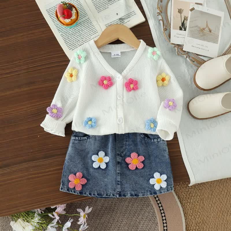 Baby Girl Crochet Flower Cardigan and Denim Skirt 2-piece Set - White - 2-3Y - image 1
