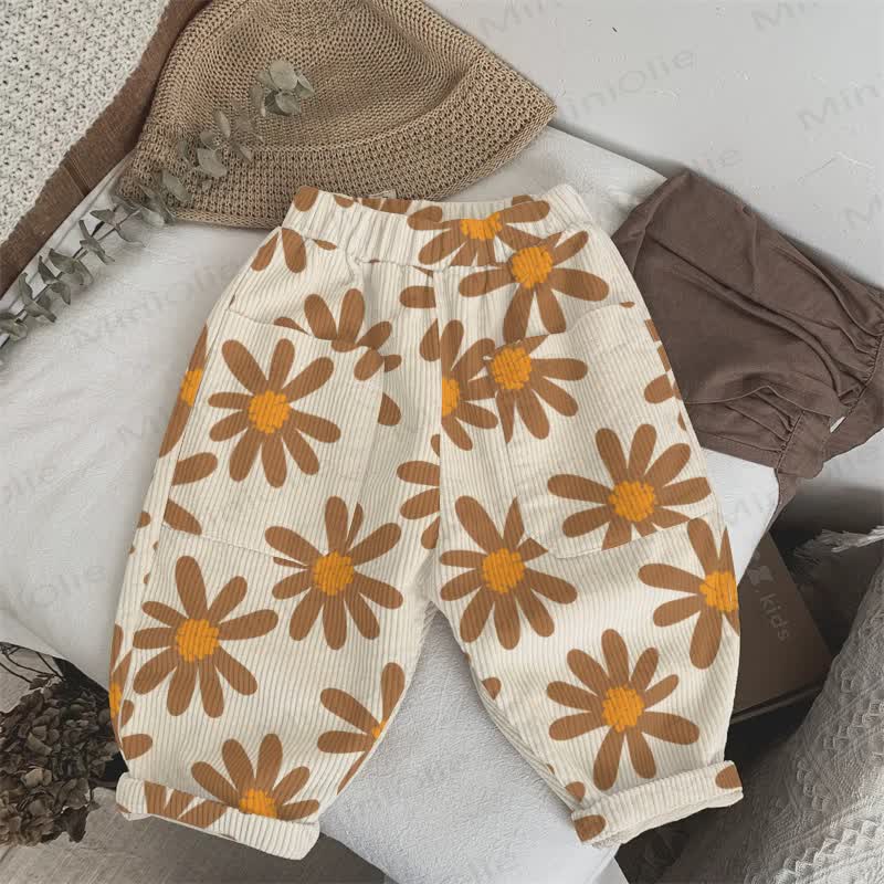 Baby Toddler Flower Print Beige Cord Pants - Beige - 5-7T - image 1