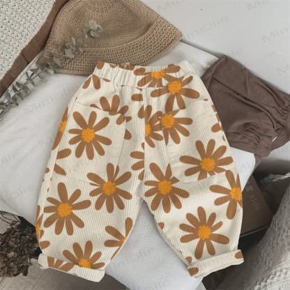 Baby Toddler Flower Print Beige Cord Pants - Beige - 5-7T - image 1