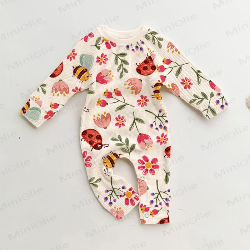 Baby Flower and Insects Print Beige Waffle Romper - Beige - 18-24M - image 1
