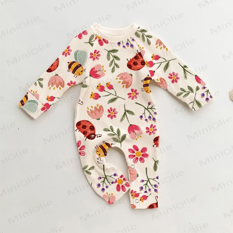 Baby Flower and Insects Print Beige Waffle Romper - Beige - 18-24M - image 1