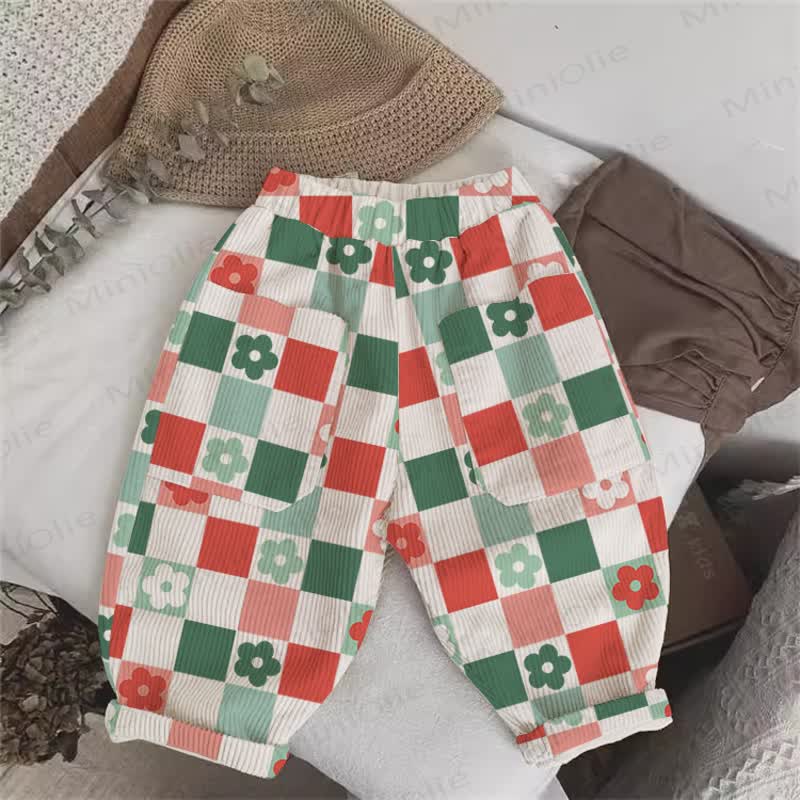 Baby Toddler Checkerboard Flower Beige Cord Pants - Beige - 5-7T - image 1