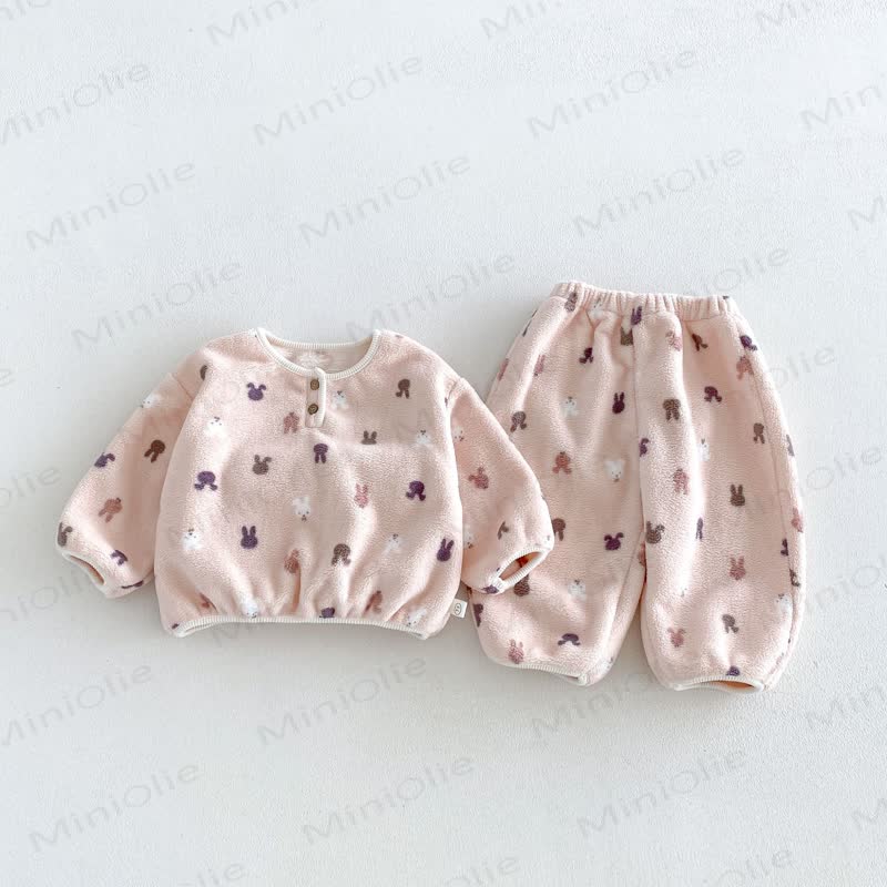 Baby Toddler Animal/Flower Print Plush Loungewear 2-piece Set - Pink Bunny - 4-5T - image 4