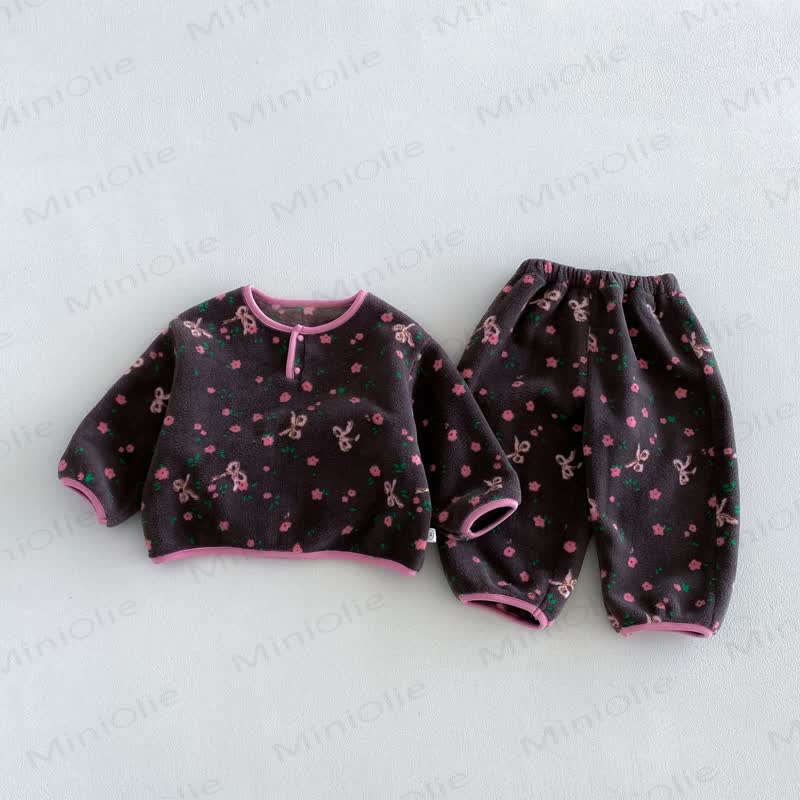 Baby Toddler Animal/Flower Print Plush Loungewear 2-piece Set - Gray Flower - 6-7T - image 2