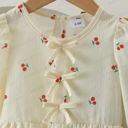 Baby Toddler Girl Cherry Print Bow Top and Denim Pants 2-piece Set - image 3