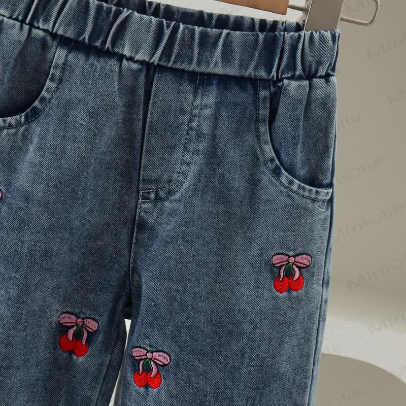 Baby Toddler Girl Cherry Print Bow Top and Denim Pants 2-piece Set - image 7