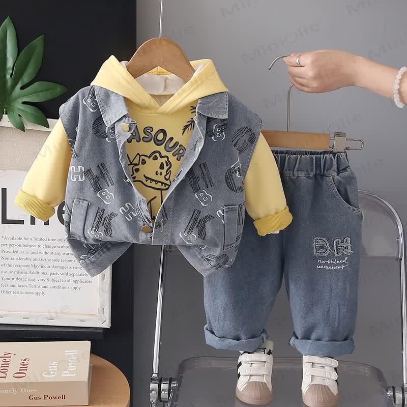 Toddler Baby Boy Cartoon Hoodie and Denim Vest 3-piece Set - Yellow - 4-5T - image 3