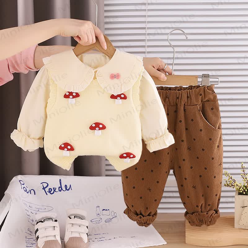 Toddler Baby Girl Mushroom Knit Top and Pants 3-piece Set - Beige - 4-5T - image 1