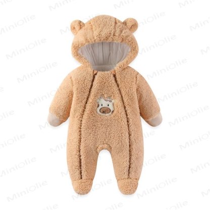 Baby Animal Sherpa Hooded Footed Romper - Khaki - 12-18M - image 3