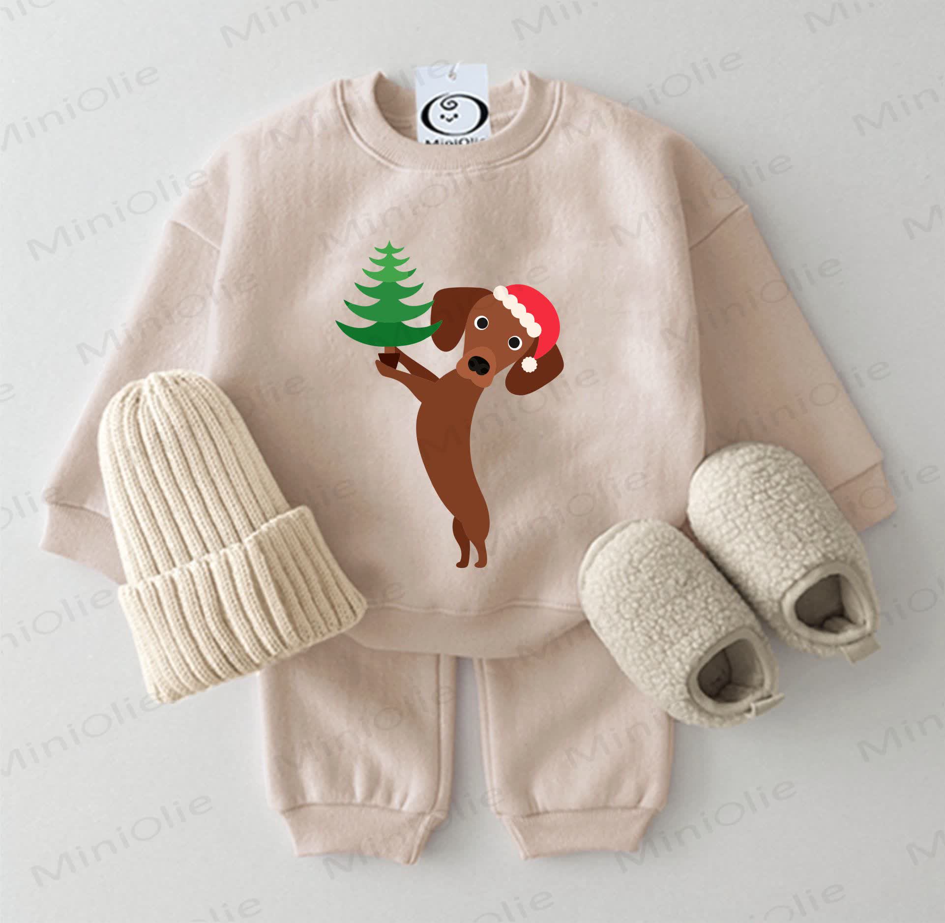  Baby Christmas Tree Daschund Beige Sweatshirt 2-piece Set - Beige - 2-3T - image 1