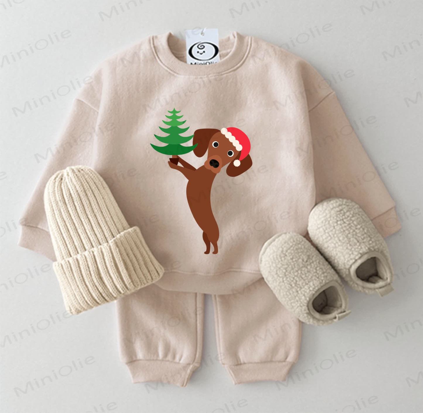  Baby Christmas Tree Daschund Beige Sweatshirt 2-piece Set - Beige - 2-3T - image 1