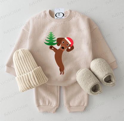  Baby Christmas Tree Daschund Beige Sweatshirt 2-piece Set - Beige - 2-3T - image 1