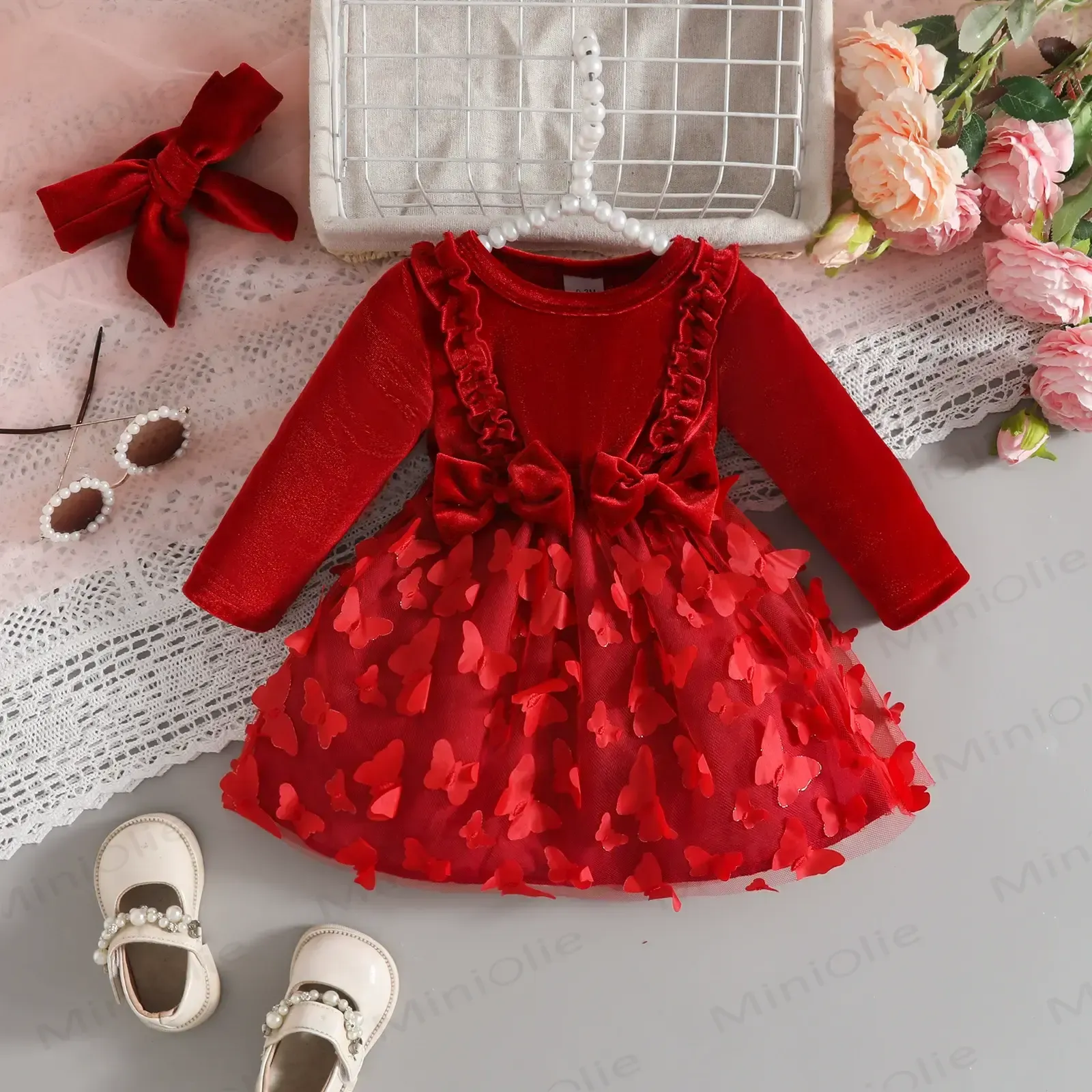 Baby Girl Velvet Butterfly Tulle Dress - Red - 12-18M - image 1